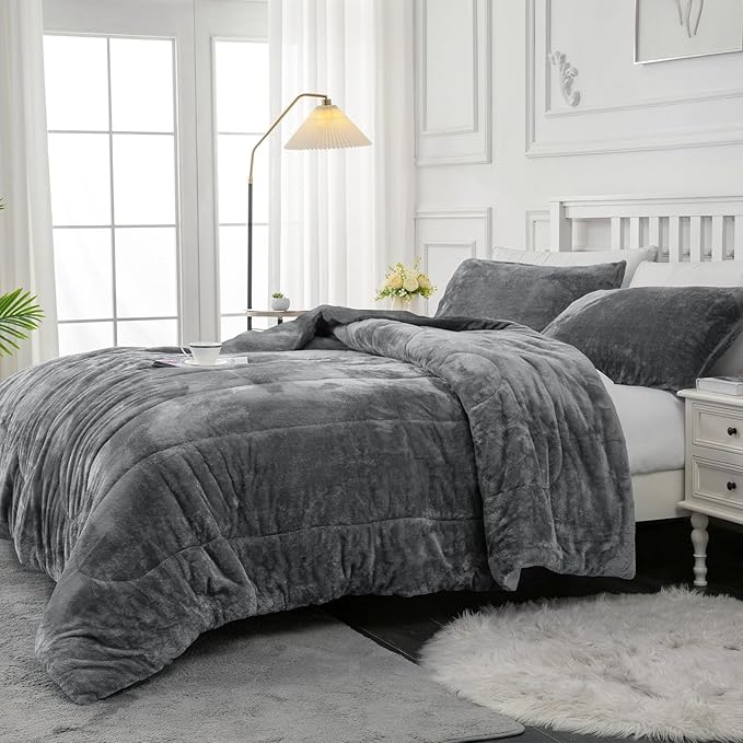 YIYEA Fluffy Queen Size Comforter Set, Luxury Faux Fur Comforter, Ultra Soft Plush Fuzzy Velvet Bedding Comforter Sets for Fall Winter, Cozy Warmth, No Shedding, 3PC, Queen, Dark Grey