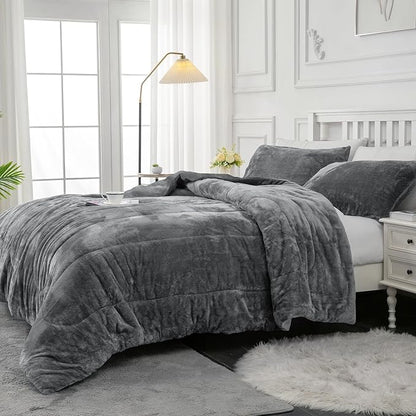 YIYEA Fluffy Queen Size Comforter Set, Luxury Faux Fur Comforter, Ultra Soft Plush Fuzzy Velvet Bedding Comforter Sets for Fall Winter, Cozy Warmth, No Shedding, 3PC, Queen, Dark Grey