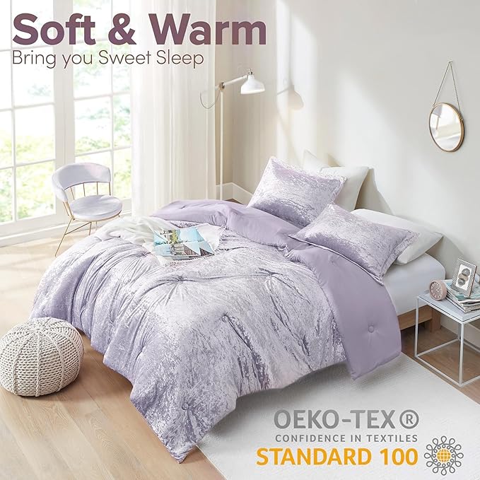 Comfort Spaces Juliette Luxe Comforter Set Velvet Lush with Soft Brushed Microfiber Reverse, All Season Cozy Velvet Bedding Sets, Fluffy Comforter Bed Set, Matching Sham, Purple King 3 Piece
