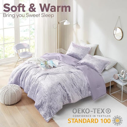 Comfort Spaces Juliette Luxe Comforter Set Velvet Lush with Soft Brushed Microfiber Reverse, All Season Cozy Velvet Bedding Sets, Fluffy Comforter Bed Set, Matching Sham, Purple King 3 Piece