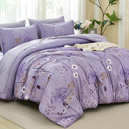 Yiran 7 Piece Comforter Set King Size, Purple Dandelion Floral Bedding Set, Botanical Bed in a Bag King, Soft Microfiber Complete Bedding Set with Comforter, Sheets, Pillowcases & Shams