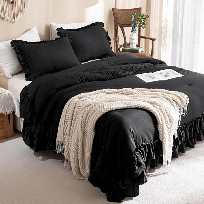Masaca Black Ruffled Comforter Set Queen,Farmhouse Shabby Boho Chic Bedding,Ultra Soft Fluffy Ruffle Bed Comforter Set 3-Piece (1 Ruffle Comforter+2 Pillow Shams)