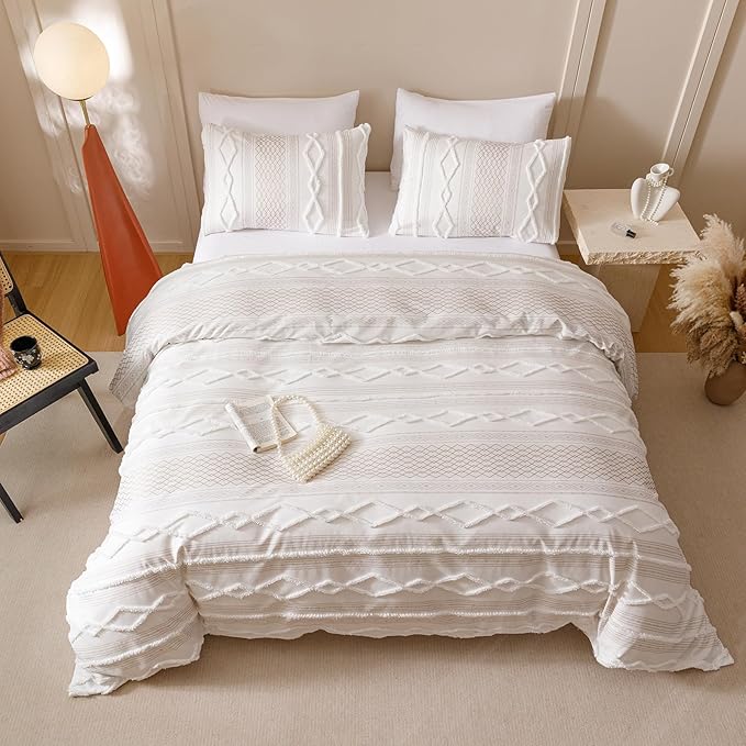 KAREVER Ivory Boho Comforter Set Cal King Mixed Textures Jacquard Bedding Set Durable Chic and Stylish Bedroom Set