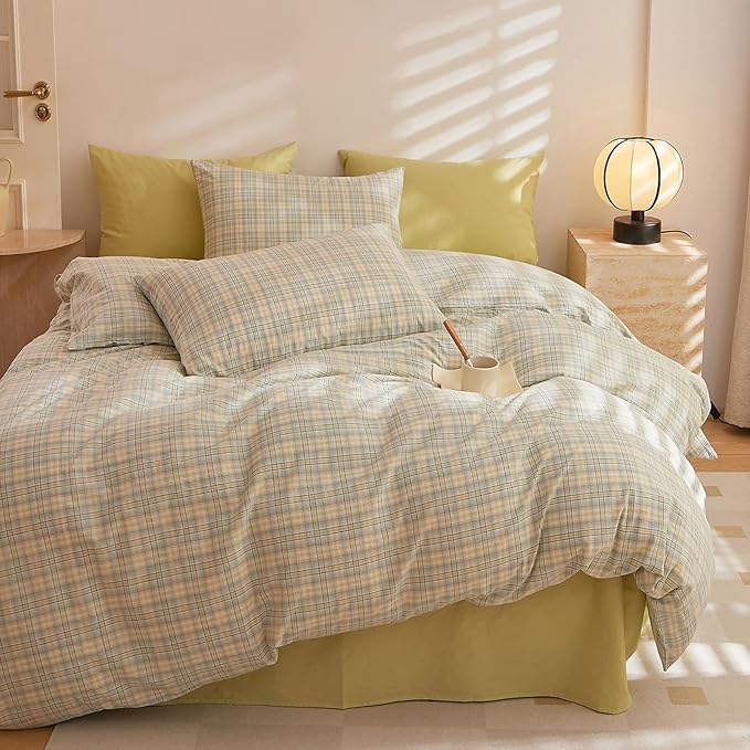 HighBuy Green Gingham Comforter Set Twin XL 3 Pieces Cute Grid Comforter Girls Checkered Plaid Comforter Set with 2 Pillowcases Fluffy Soft Grid Printed Pattern Farmhouse Gingham Bedding Set