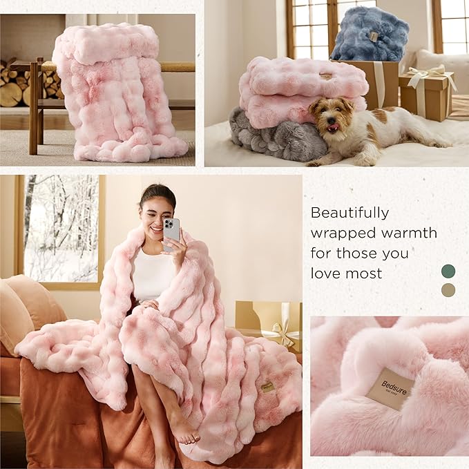 Bedsure GentleSoft Fluffy Fuzzy Tie-dye Pink Blanket for Valentines, Soft Cozy Fleece Faux Fur Throw Blanket for Couch, Cute Pink Decorations for Teen Girl, Thick Warm Plush Room Decor Gifts for Her