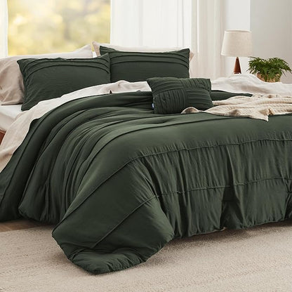 Bedsure Olive Green Oversized Queen Comforter Set - 4 Pieces Pinch Pleat Bed Set, Down Alternative Bedding Sets for All Season, 1 Comforter, 2 Pillowcases, 1 Decorative Pillow