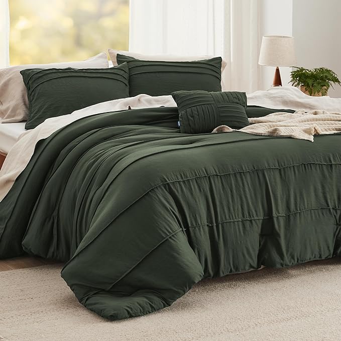 Bedsure California King Comforter Set - 4 Pieces Pinch Pleat Bed Set, Olive Green Boho Bedding for All Season, 1 Soft Comforter, 2 Pillowcases, 1 Decorative Pillow