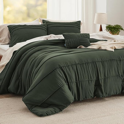 Bedsure California King Comforter Set - 4 Pieces Pinch Pleat Bed Set, Olive Green Boho Bedding for All Season, 1 Soft Comforter, 2 Pillowcases, 1 Decorative Pillow