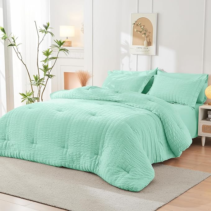 HYMOKEGE Mint Green Queen Comforter Set Seersucker 7 Pieces, All Season Luxury Bed in a Bag Queen for Bedroom, Bedding Set with Comforter, Sheets, Pillowcases & Shams
