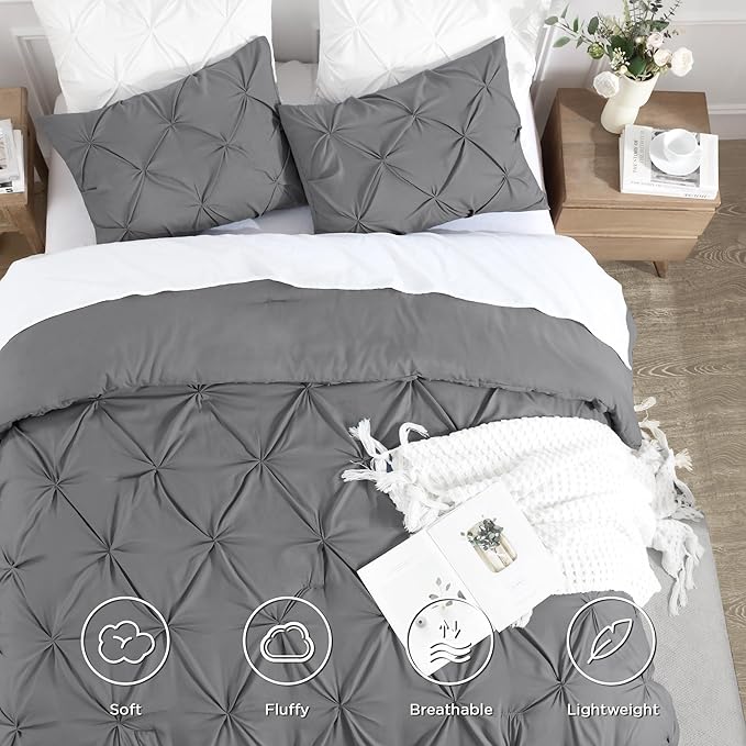 Andency Gray Pinch Pleat Comforter Twin(66x90Inch), 2 Pieces(1 Grey Pintuck Comforter and 1 Pillowcase) Microfiber Down Alternative Bedding Set