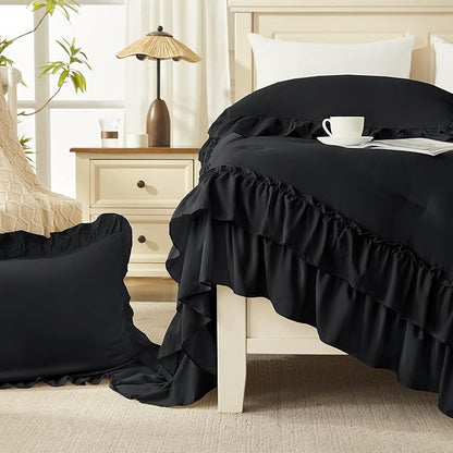 Andency Super King Plus Ruffle Comforter Set 128x120, 3 Pieces Farmhouse Shabby Chic Bedding Set for Adults, Soft Lightweight Oversized California King Comforter Set (1 Comforter 2 Pillowcases), Black