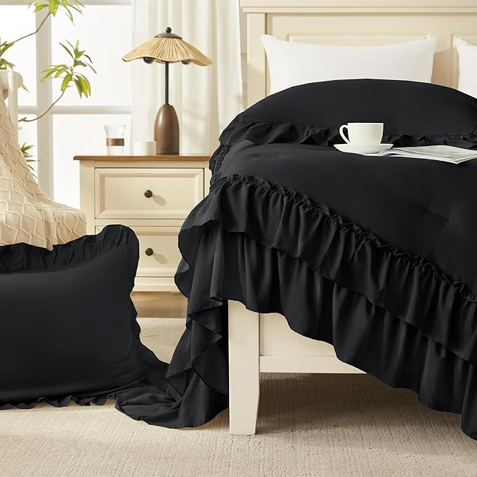 Andency Black King Comforter Set(104x90Inch), 3 Pieces Ruffle Comforter Set with 2 Pillowcases, Farmhouse Shabby Chic Lightweight Fluffy Soft Microfiber All Season Bed Set
