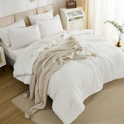 Litanika Super King Plus Comforter Sets Ivory - 7 Pieces Bed in a Bag Beddding Sets, Solid Lightweight Bed Set with Comforter, Sheets, Pillowcases & Shams