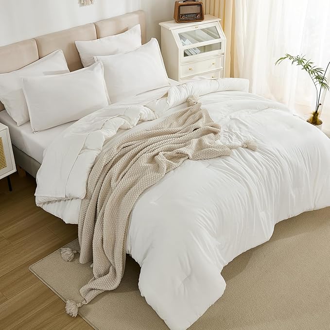 Litanika Twin XL Comforter Set Ivory - 5 Pieces Twin Extra Long Bed in a Bag for College Dorm, All Season Bedding Set for Girls and Boys, Soft Bed Set with Comforter, Sheets, Pillowcase & Sham