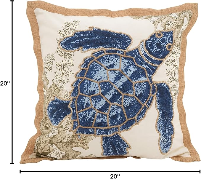 SARO LIFESTYLE Neptunian Coastal Throw Pillow – 20” x 20”, Woven Cotton Cover with Jute Trim, Zipper Closure, Down & Feather Insert – Sea Turtle, Navy Blue
