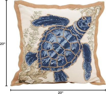SARO LIFESTYLE Neptunian Coastal Throw Pillow – 20” x 20”, Woven Cotton Cover with Jute Trim, Zipper Closure, Down & Feather Insert – Sea Turtle, Navy Blue