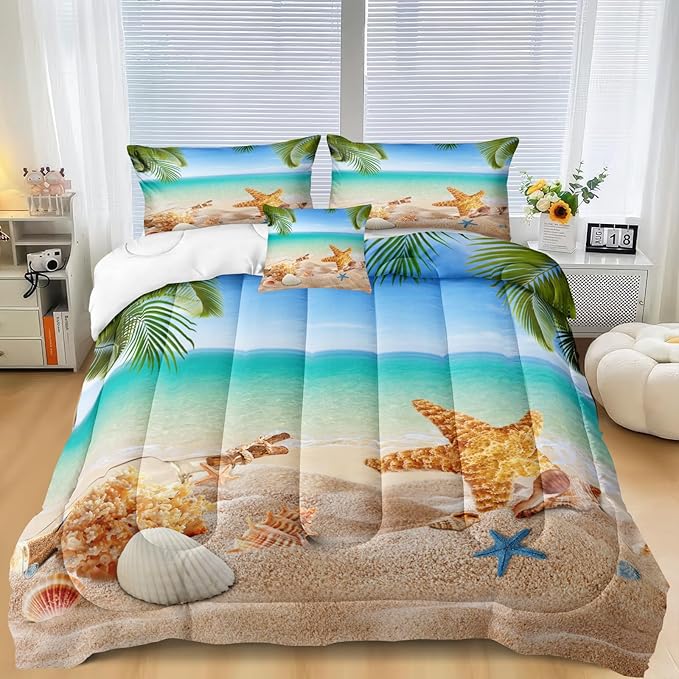 MOVE OVER Beach Theme Bedding Set California King Ocean Comforter Set Hawaii Scenery Sea Conch Sea Star and Shells Pattern Design Tropical Palm Tree Pattern Coastal Bedding Set for Summer