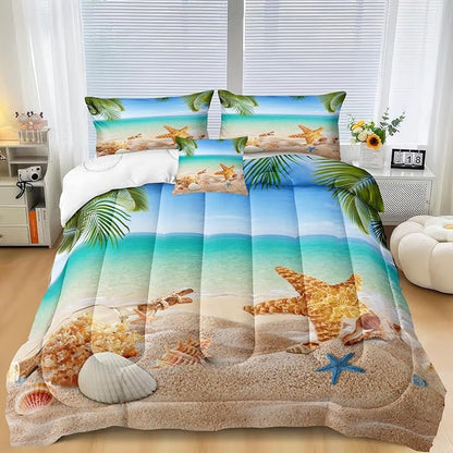 MOVE OVER Beach Theme Bedding Set California King Ocean Comforter Set Hawaii Scenery Sea Conch Sea Star and Shells Pattern Design Tropical Palm Tree Pattern Coastal Bedding Set for Summer