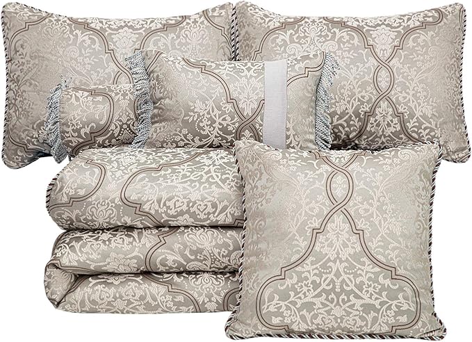 Chezmoi Collection Noelle 7-Piece Queen Bedding Set Silver Gray Brown Floral Medallion Jacquard Comforter Set, Queen Size