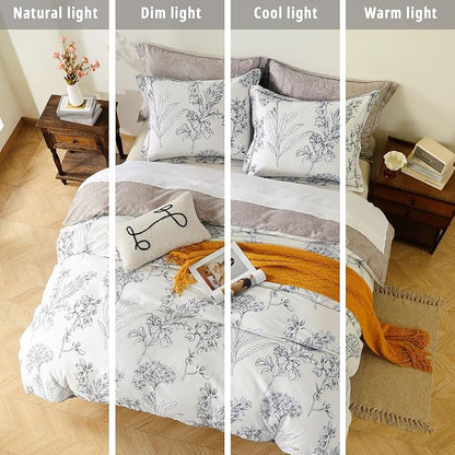 Floral Cotton Comforter Queen Size 3Pcs - Vintage Design with Luxurious Black Sketched Flowers & Leaves on Cream, Retro Taupe Reversible Lightweight Bedding Sets with Soft Fill(90"×90")