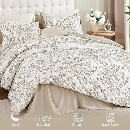 WONGS BEDDING Comforter Set King Size, 8 Pieces Brown Floral Botanical Comforter Sets, Bed in a Bag Soft Lightweight Microfiber Bedding Sets for All Seasons (90"x104")