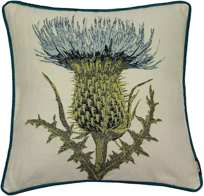 McAlister Textiles Decorative Tapestry Throw Pillow Cover Scatter Cushion with Blue Green Thistle Tapestry Design & Green Velvet Backing for Lounge, Bedroom & Garden