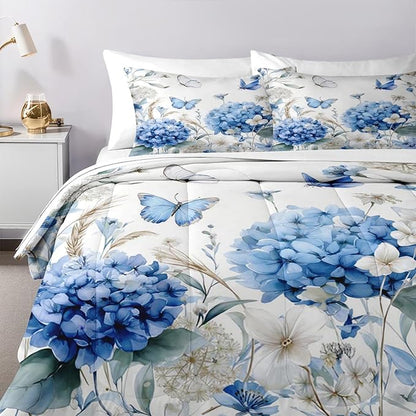 Nesker 7 Pcs Spring Comforter Set Queen Size, Blue Hydrangea Floral Bedding Set for Kids and Adults, White Flower Bed Sheet Sets with Fitted Sheet 2 Pillowcases & 2 Shams