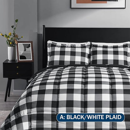 downluxe Lightweight Plaid Comforter Set (King) with 2 Pillow Shams - 3-Piece Set - Black/White Plaid - Down Alternative Reversible Comforter