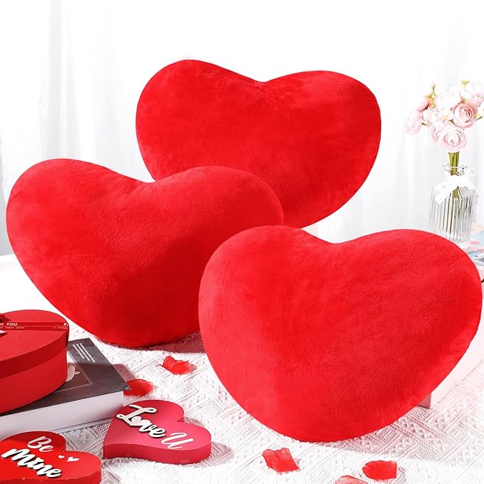 Marsui Valentine Red Heart Pillow Cute Plush Cushion Throw Pillows Soft Stuffed Heart Solid Color Decorative for Sofa Bedroom Gift(3 Pcs,15 x 12 Inch)