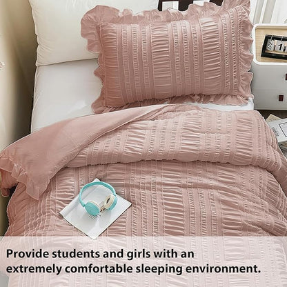 WONGS BEDDING Comforter Full Size, Pink Ruffle Comforter for Full Bed for Dorm Room Essentials, Soft Seersucker Textured Bedding Set Full Size Comforter Sets for Girls 90"×78"