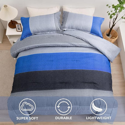 WONGS BEDDING Blue Stripe Comforter Set Twin Reversible Grey Blue Bedding Comforter Set for Twin Bed, 2 Pieces (1 Comforter+1 Pillowcase), Soft Microfiber Filling Duvet Set 68”×86”