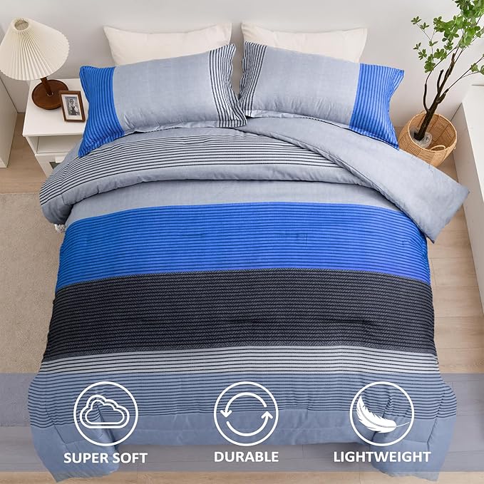 WONGS BEDDING Blue Stripe Comforter Set Full Reversible Grey Blue Patchwork Bedding Comforter Set for Full Bed, 3 Pieces (1 Comforter+2 Pillowcase), Soft Microfiber Filling Duvet Set 78"×90"