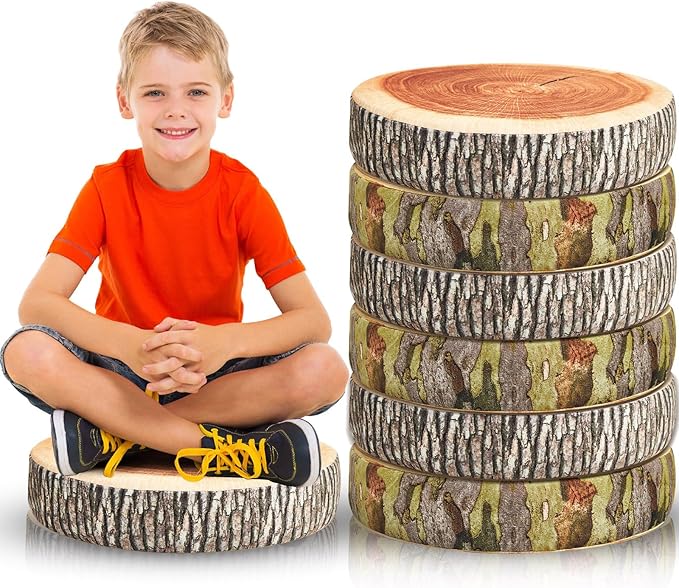 Juexica 6 Pcs Decorative Soft Round Throw Pillow Circle Seating Tree Stump Pillow 3D Digital Print Stump Cushion Flexible Seating Floor Cushion Natural Wood Forest Decor for Classroom Home Couch