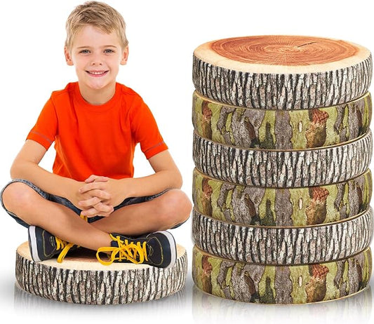 Juexica 6 Pcs Decorative Soft Round Throw Pillow Circle Seating Tree Stump Pillow 3D Digital Print Stump Cushion Flexible Seating Floor Cushion Natural Wood Forest Decor for Classroom Home Couch