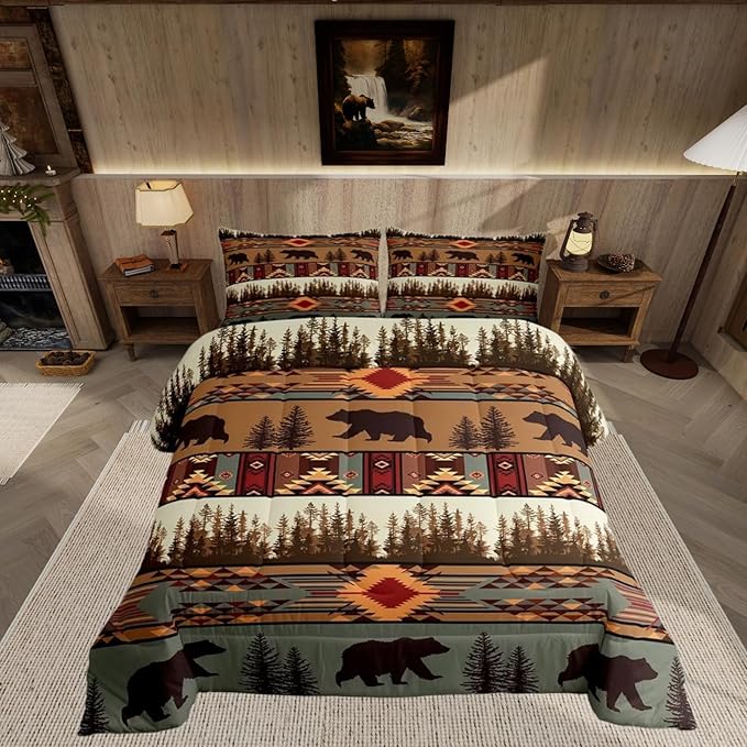 Feelyou Boho Comforter Set Toddler Size Bear Comforter for Boys Girls Teens Rustic Bedding Set Cabin Duvet Set Room Decor Olive Brown Quilt Set