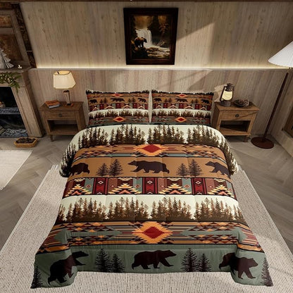 Feelyou Boho Comforter Set Full Size Bear Comforter for Boys Girls Teens Rustic Bedding Set Cabin Duvet Set Room Decor Olive Brown Quilt Set