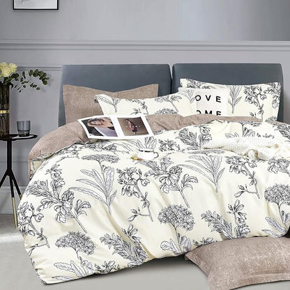 Floral Cotton Comforter Queen Size 3Pcs - Vintage Design with Luxurious Black Sketched Flowers & Leaves on Cream, Retro Taupe Reversible Lightweight Bedding Sets with Soft Fill(90"×90")