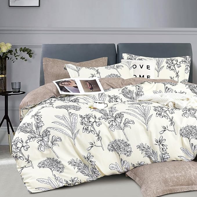 Floral Cotton Comforter King Size 3Pcs - Vintage Design with Luxurious Black Sketched Flowers & Leaves on Cream, Retro Taupe Reversible Lightweight Bedding Sets with Soft Fill(104"×90")