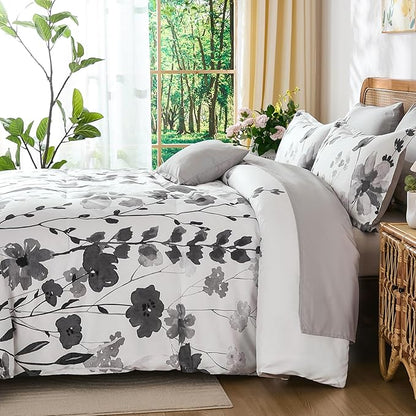 Anibedding 8Pieces Queen Comforter Set, Grey Watercolor Floral Queen Size Bed in a Bag Comforter Set with Pillowcase, Sheets for All Season