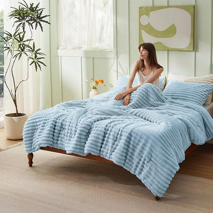 Bedsure Queen Comforter Set - GentleSoft™ 3 Pieces Fluffy Double-Side Fleece Comforter Set, Cozy Striped Room Decor Aesthetic, Luxury Light Blue Bedding Queen Size with 2 Pillowcases, 90x90 Inches