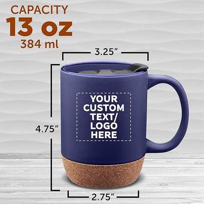 Custom Barista Ceramic Mugs with Cork Bottom 13 oz Set of 12/36/72 Personalized Bulk Pack Perfect for Coffee Tea Espresso Hot Cocoa Other Beverages - Blue