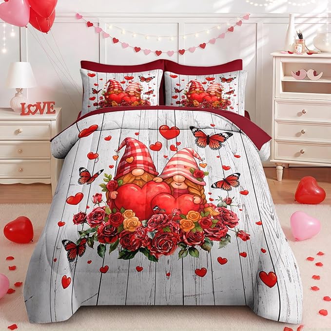 Nesker 7 Pcs Valentine's Day Comforter Set Queen Size, Romantic Gnomes Heart Bedding Set for Kids and Adults, Sweet Rose Love Sheets Bed Sheet Sets with Fitted Sheet 2 Pillowcases & 2 Shams