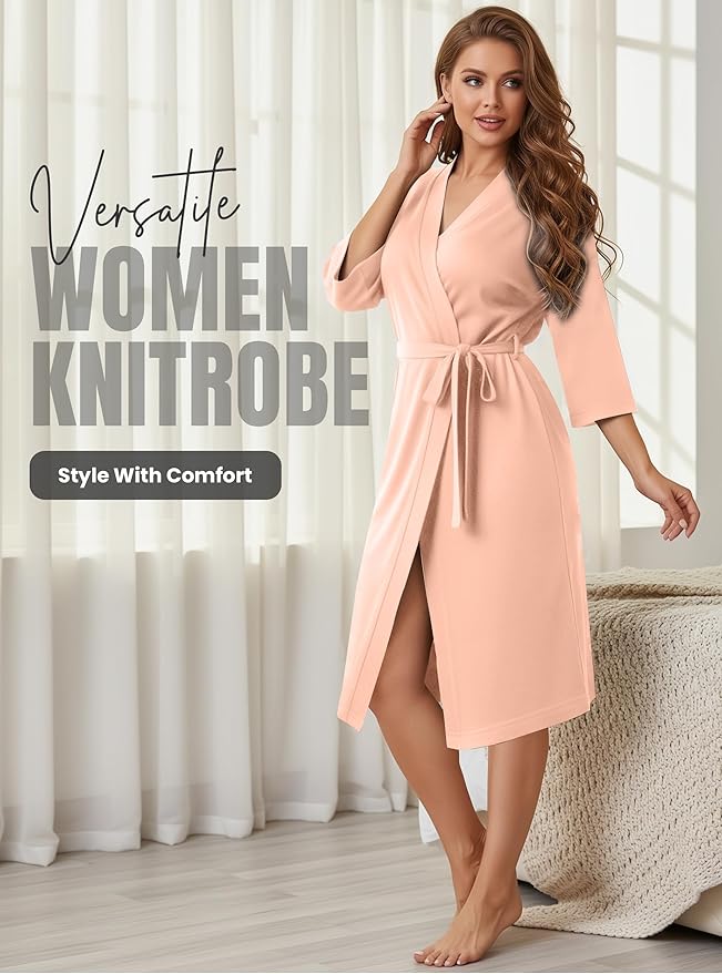NY Threads Women's Robe Long Knit Bathrobe 3/4 Sleeves Soft Kimono Lightweight Loungewear
