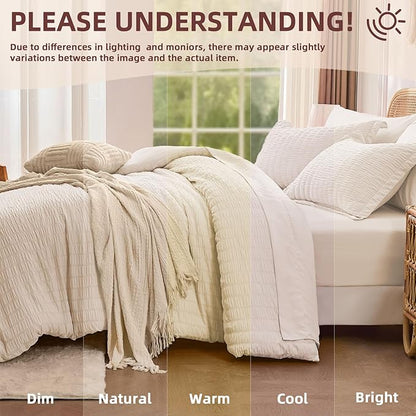 FUANNA King Size Comforter Set 7 Pieces, Luxury Seersucker Bed in a Bag King for All Seasons, Soft King Bedding Set with Comforter, Flat Sheet, Fitted Sheet, Pillowcases & Shams for Bedroom, Beige