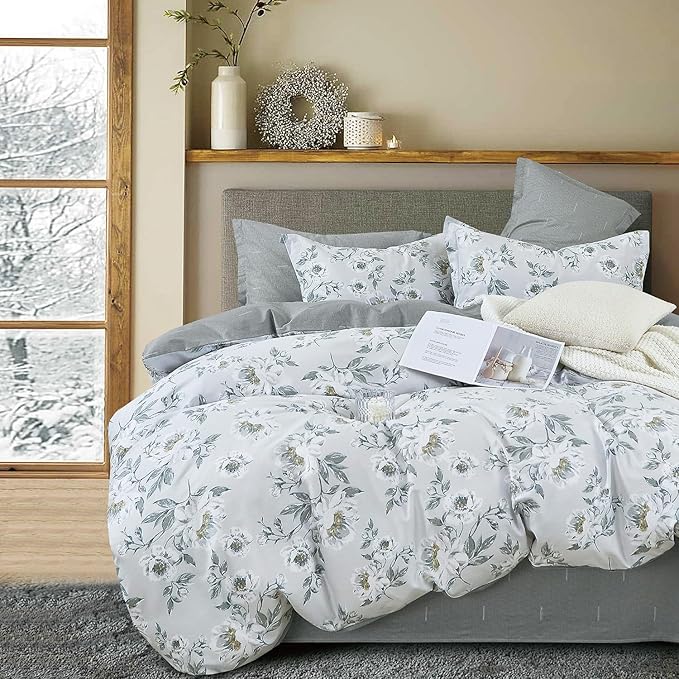 Floral Cotton Comforter Queen Size - Light Grey Comforter Printed with Vintage Ivory Flowers & Dark Yellow Stamens,Reversible Lightweight Bedding Sets 3Pcs(90"×90")