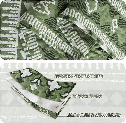 BEDIFANY Quilts Queen Size, Reversible Lightweight Bedspread with Boho Geometry Printed, Bed Spread Coverlet Sets for Bed Decoration, All-Season Queen Quilt Bedding Set (90 * 98 in), 3 Pieces - Green
