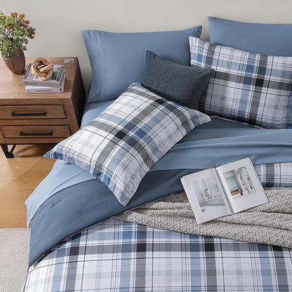 MaiRêve Full Size Plaid Comforter Set Lake Blue, Classic 7 Pieces Farmhouse Bedding Set, All Season Lightweight Bed in A Bag with Sheets, Pillowcases & Shams