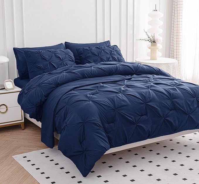 LANE LINEN Full Size Comforter Set - 7 Pc - Pintuck Bed in a Bag Down Alternative Full - Contains Comforter, Sheets, Pillowcases & Shams - Soft Touch, Durable Easy Care, Machine Washable – Navy Blue | Down alt comfort, Soft sleep surface, Durable daily...