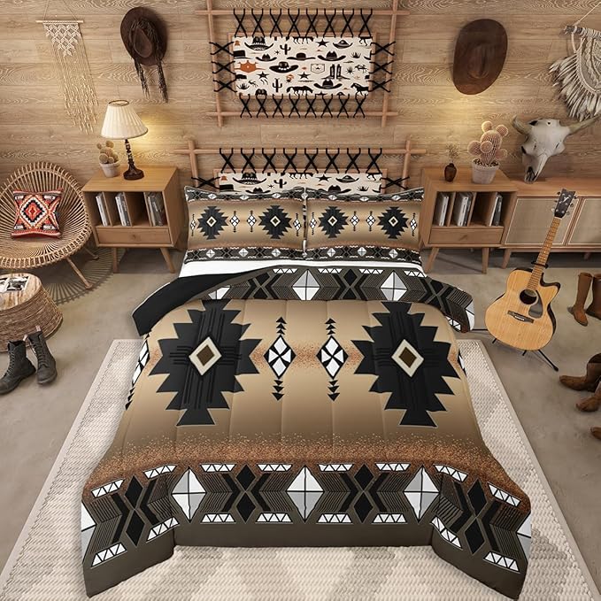 Erosebridal Western Aztec Bedding Set for Boys, Native Tribal Ethnic Comforter Set King Size Farmhouse Boho Geometric Duvet Insert Southwestern Ethnic American Native Quilt for Adult, Brown Black