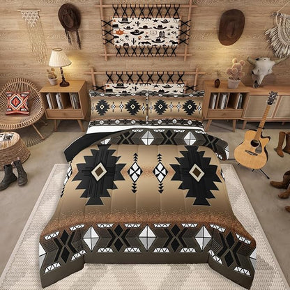 Erosebridal Western Aztec Bedding Set for Boys, Native Tribal Ethnic Comforter Set Queen Size Farmhouse Boho Geometric Duvet Insert Southwestern Ethnic American Native Quilt for Adult, Brown Black